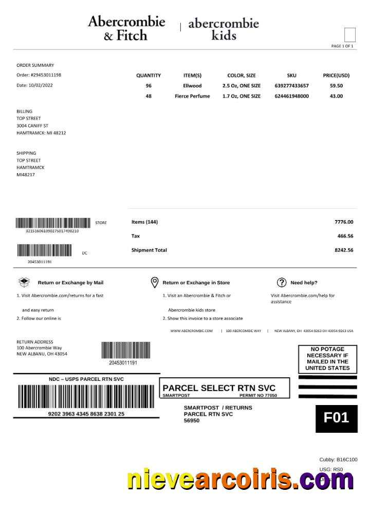 USA Abercrombie & Fitch invoice, fully editable